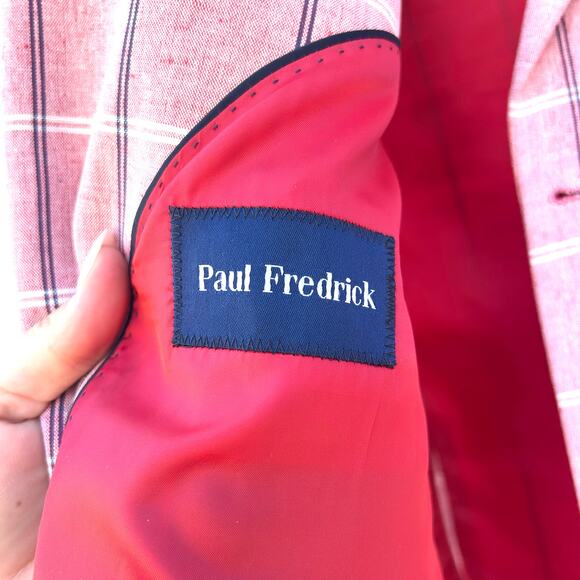 Paul Fredrick Linen Cotton Men’s Blazer Jacket Red Pink 48R Windowpane Preppy - Picture 4 of 8